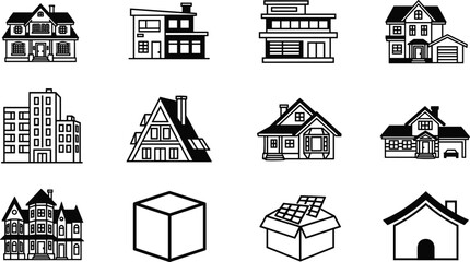 Set of black and white house icons featuring modern, cottage, and apartment architecture, vector illustration for real estate design. © prof.design