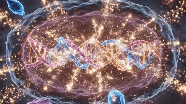 Cinematic 3D Animation of Alleles from Parents Showing Genetic Material and Blue Sperms Fertilizing Pink Egg Cell on