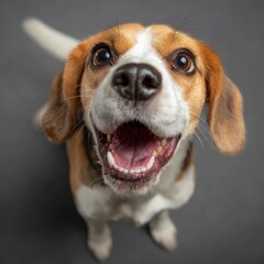 Happy beagle dog looking up with open mouth