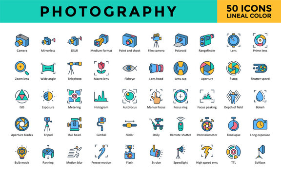 Photography icons set with camera, mirrorless,  telephoto, point and shoot, bokeh, focus peaking, depth of field, aperture,  ttl, softbox icon. Simple lineal color vector 

