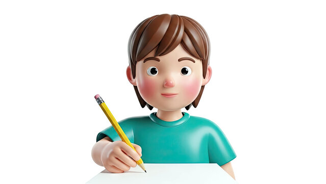 3D Cartoon Boy Writing with Pencil - Powered by Adobe