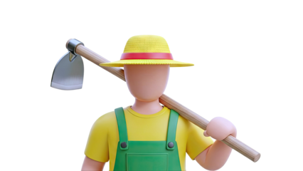 3D Farmer Character with Hoe and Straw Hat