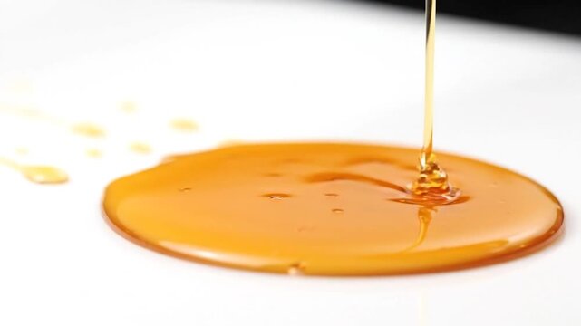 Honey drips onto a white surface, forming a puddle. Bright, warm lighting. Close-up shot