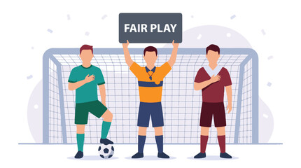 Soccer players and referee promote fair play and sportsmanship concept