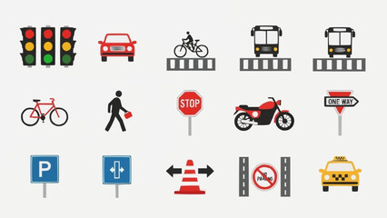 Collection of traffic and transportation icons and symbols.