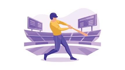 Baseball player swinging a bat in a stadium with scoreboards illustration