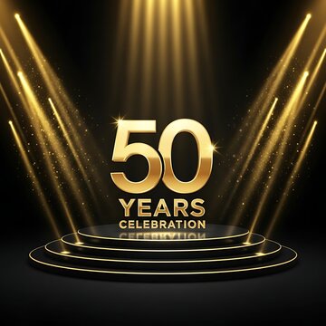 Elegant Golden 50 Years Celebration on Stage with Dazzling Spotlights