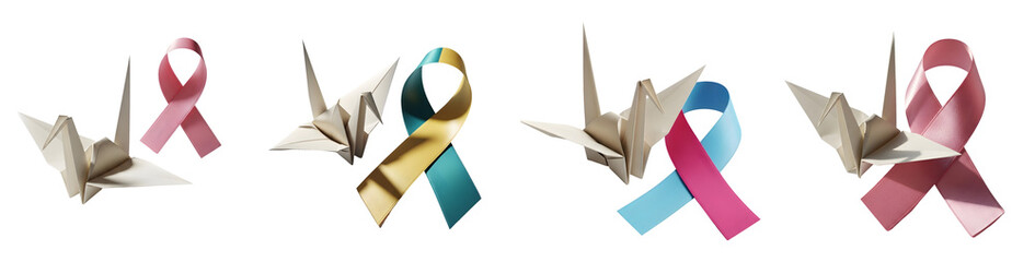 Collection of origami paper cranes with health awareness ribbons on a transparent background