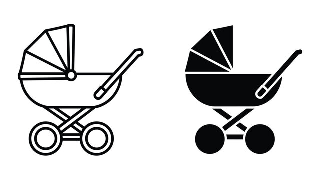 Baby stroller icon set in black and white