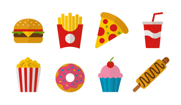 Fast Food and Quick Snack Flat Vector Illustration Collection