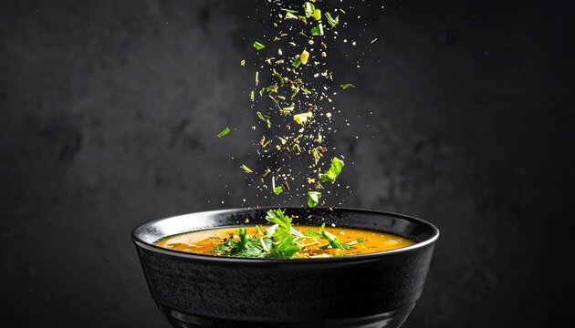 Fresh herbs being sprinkled over a bowl of soup.
