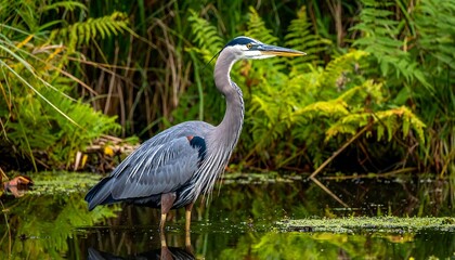 A serene heron stands in shallow water amidst lush greenery