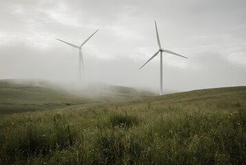 Obraz premium Wind turbines generating clean energy in foggy countryside landscape