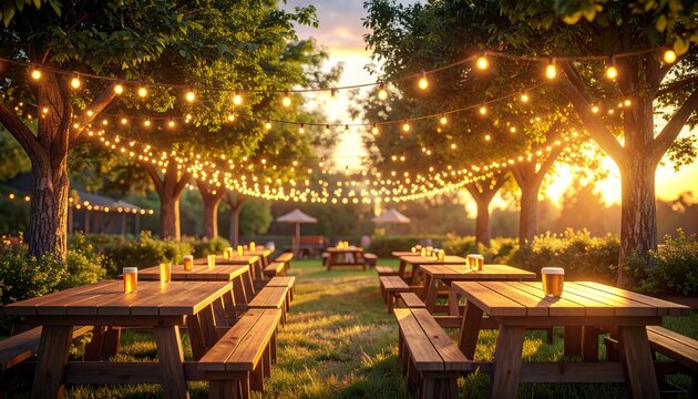 beer garden with beer glasses and glowing lights