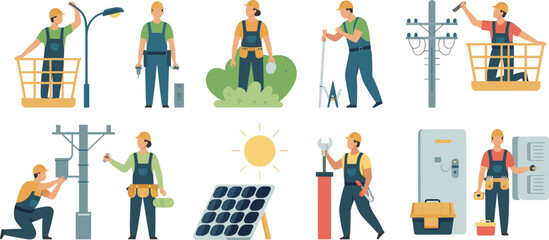Electrician workers performing electrical maintenance street lighting power line repair and solar panel installation, professional energy service team vector illustration © SreeShoyagini