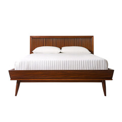 Front View of Mid Century Modern Queen Bed with Slatted Wood Design Isolated on Transparent Background