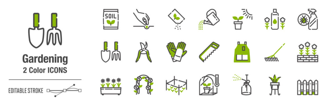 抜け感のあるカジュアルな２色・アイコンセット｜ガーデニング、園芸　[線の編集可能]
