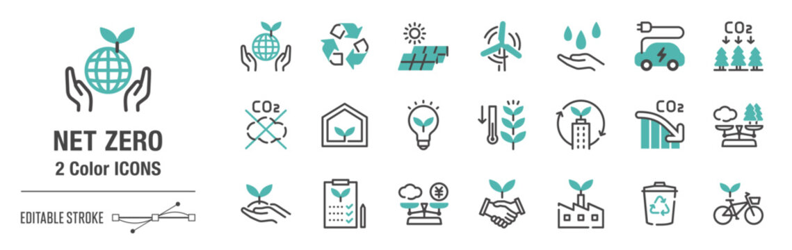 抜け感のあるカジュアルな２色・アイコンセット｜ネットゼロ、カーボンニュートラル、カーボンオフセット　[線の編集可能]
