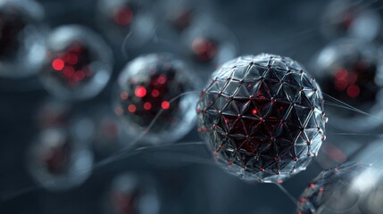 Futuristic abstract connected geometric spheres with red lights