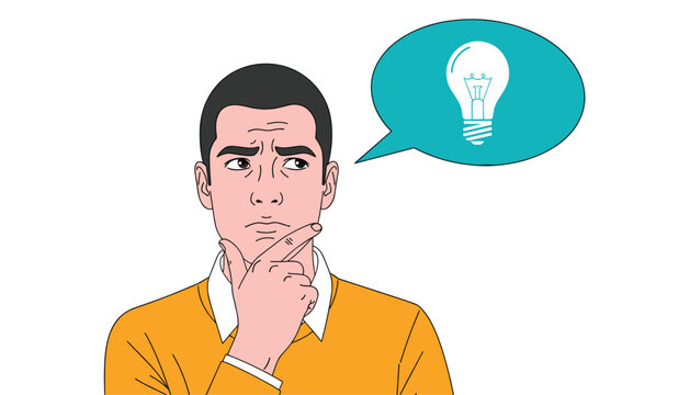 Pensive Man Having Creative Idea With Lightbulb Bubble Vector