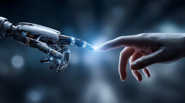 Robot hand connecting with a human hand, symbolizing artificial intelligence and human interaction - Powered by Adobe