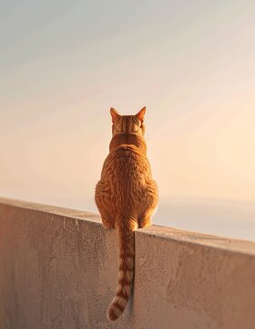 Ginger cat contemplating the horizon, perched on a ledge in soft light environment