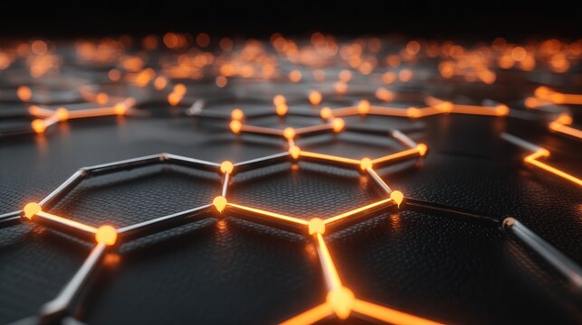 Abstract close-up of glowing hexagonal patterns with orange luminous connections on a dark textured surface, representing technology and innovation concepts