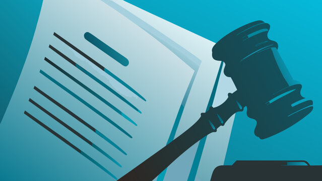 Flat illustration of law and order in business with gavel and document on blue background for legal or business concepts with justice and court