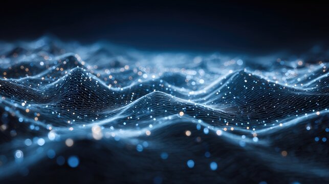 Digital Waves of Light and Data Flowing in a Deep Ocean of Colorful Particles with Abstract Representation of Network Connections and Technology