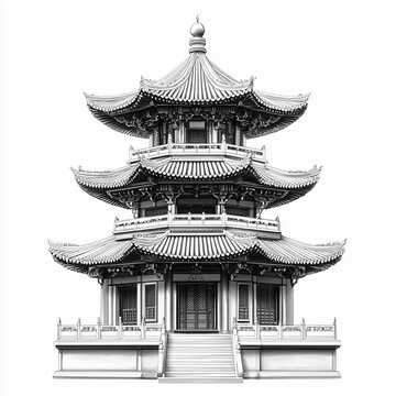 2D Black and White Nanhai Temple Illustration Isolated on Transparent Background