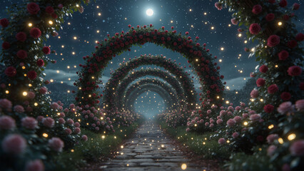 Enchanted moonlit garden with glowing rose archways and a magical pathway creating a dreamy, romantic fantasy atmosphere.