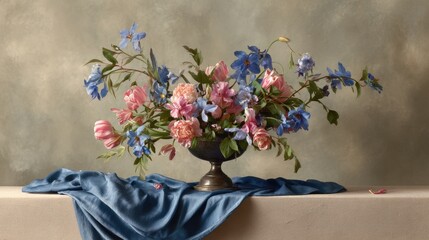 Beautiful floral arrangement in an elegant vase on a smooth surface with soft fabric, showcasing colorful blooms against a muted background
