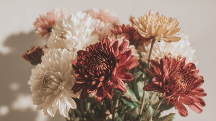 Aesthetic Still Life Arrangement of Colorful Chrysanthemums in Soft Natural Light With Gentle Shadow on Neutral Background