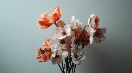 Elegant Arrangement of Soft Pink and Peach Floral Blooms on Subtle Grey Background for Creative and Decorative Use in Various Projects