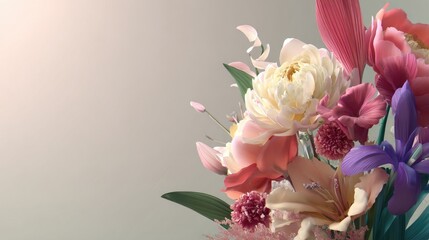 Lush and Colorful Floral Arrangement Featuring Peonies, Irises, and Vibrant Petals on a Soft Pastel Background for Serene Home Decor