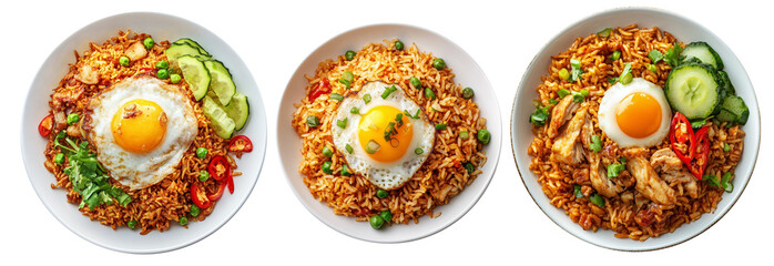 Spicy fried rice Nasi Goreng garnished with fresh green onions and topped with fried egg in bowl, isolated on white