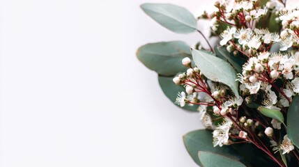 Delicate white flowers with greenery on white background showcasing the beauty of nature, elegance, and soft aesthetics in floral arrangements