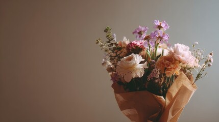 Elegant Bouquet of Mixed Flowers in Soft Natural Lighting with Neutral Background for Home Decoration and Floral Design Inspiration