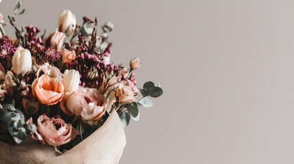 Beautiful floral arrangement with soft pastel colors in a natural burlap wrap against a minimalistic background for home decor or event styling