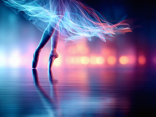 Close-up of a ballerina's legs as she dances on stage in pointe shoes.