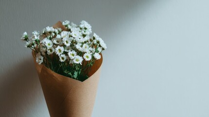 Fresh white flowers in brown paper wrapping against a light wall creating a calming and elegant ambiance for home decoration and floral arrangement projects