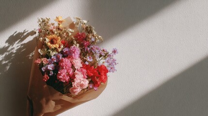 Beautiful Colorful Bouquet of Fresh Flowers Wrapped in Paper Sitting Against a Light Background with Natural Shadows Creating an Aesthetic Vibe