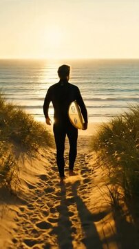 Surfer walking towards serene ocean at sunset with board in hand