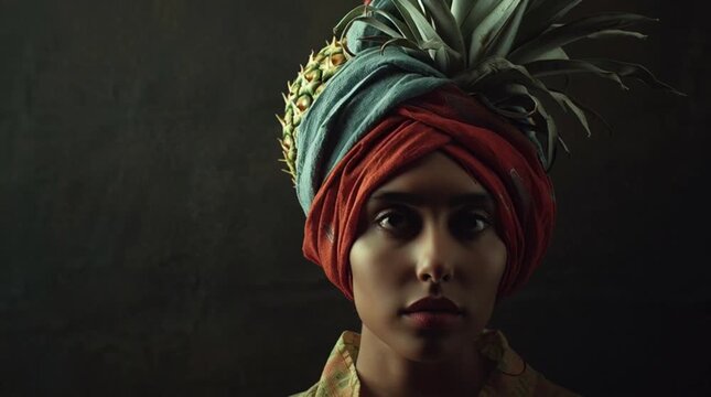 Woman with pineapple headdress portrait dark background creative fashion