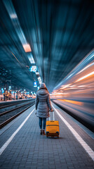 A train platform seen through a long exposure, showing a business traveler dragging a suitcase &ndash; a scene of travel and transportation.