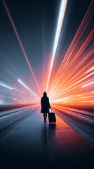 A train platform seen through a long exposure, showing a business traveler dragging a suitcase &ndash; a scene of travel and transportation.