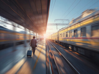 A train platform seen through a long exposure, showing a business traveler dragging a suitcase &ndash; a scene of travel and transportation.