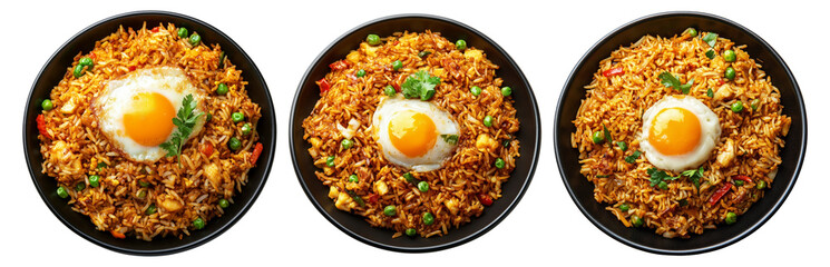 Spicy fried rice Nasi Goreng garnished with fresh green onions and topped with fried egg in bowl, isolated on white