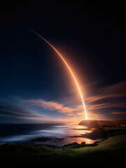 Long-exposure photographs of a rocket launch at night show light trails streaking across the deep blue night sky and reflected on the sea, a striking blend of technology and nature.