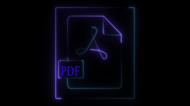 Glowing blue and purple neon PDF document file icon animation featuring the Adobe Acrobat symbol outline on a premium black background.